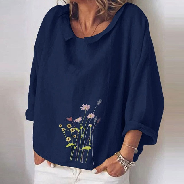 Women Autumn Long Sleeve Cotton Linen Blouse Shirts Elegant Floral Print Female Tops Ladies Casual Plus Size Streetwear Blouses