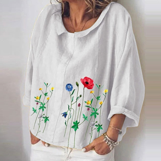 Women Autumn Long Sleeve Cotton Linen Blouse Shirts Elegant Floral Print Female Tops Ladies Casual Plus Size Streetwear Blouses