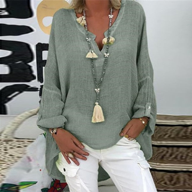 5XL Casual Women V Neck Linen Cotton Blouse Shirt Elegant Daisy Print Female Tops Spring Autumn Long Sleeve Loose Blusa Pullover
