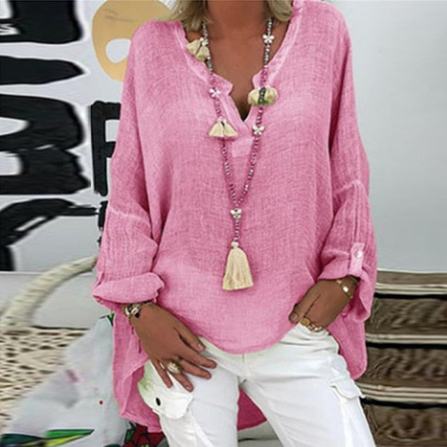 5XL Casual Women V Neck Linen Cotton Blouse Shirt Elegant Daisy Print Female Tops Spring Autumn Long Sleeve Loose Blusa Pullover