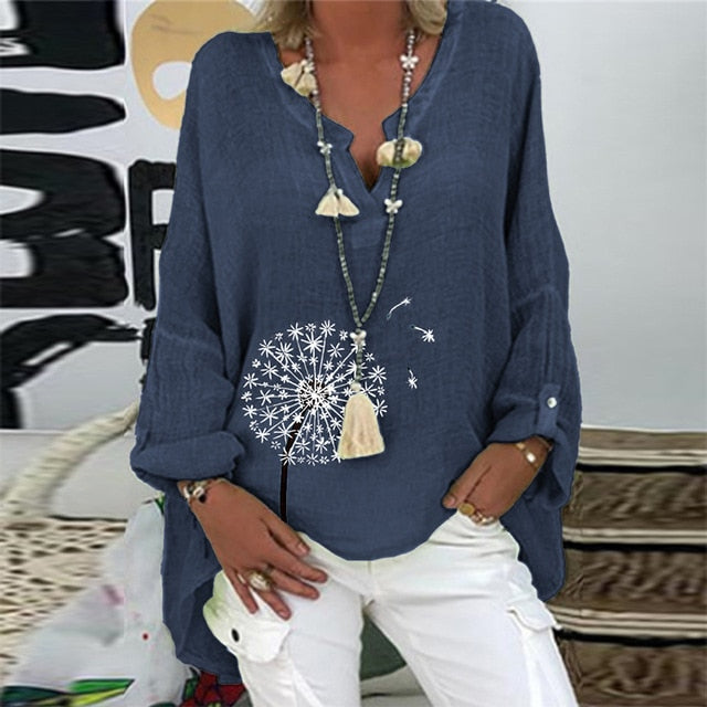 5XL Casual Women V Neck Linen Cotton Blouse Shirt Elegant Daisy Print Female Tops Spring Autumn Long Sleeve Loose Blusa Pullover