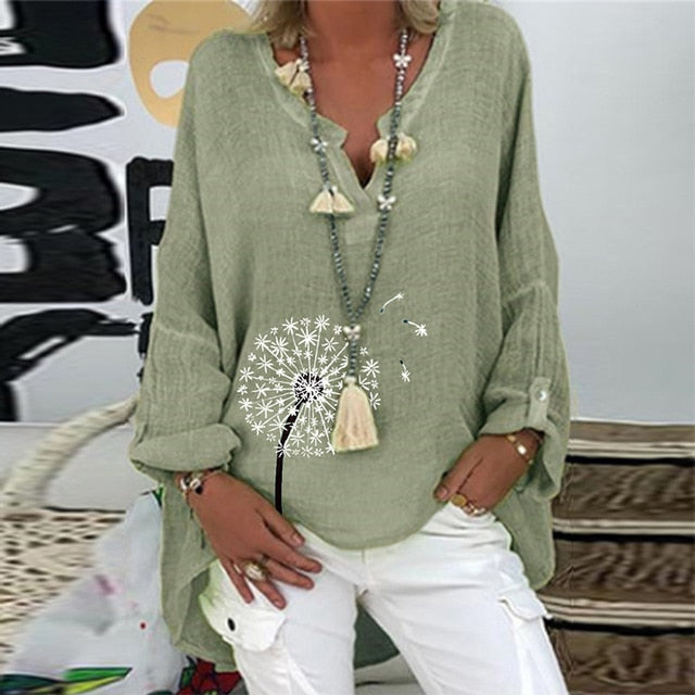 5XL Casual Women V Neck Linen Cotton Blouse Shirt Elegant Daisy Print Female Tops Spring Autumn Long Sleeve Loose Blusa Pullover