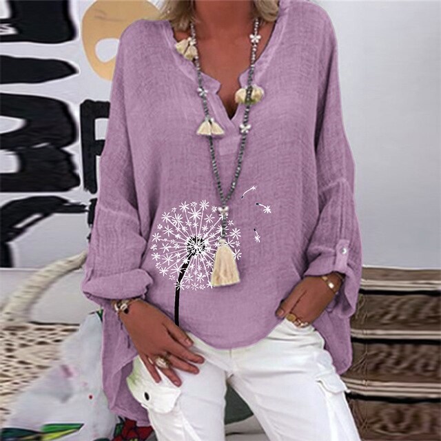 5XL Casual Women V Neck Linen Cotton Blouse Shirt Elegant Daisy Print Female Tops Spring Autumn Long Sleeve Loose Blusa Pullover