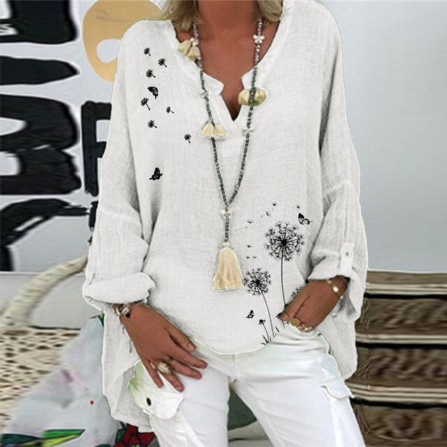 5XL Casual Women V Neck Linen Cotton Blouse Shirt Elegant Daisy Print Female Tops Spring Autumn Long Sleeve Loose Blusa Pullover