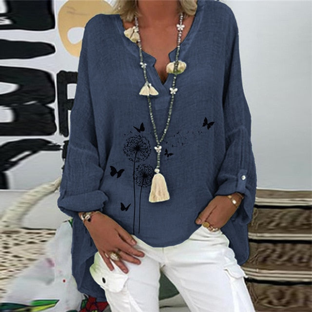 5XL Casual Women V Neck Linen Cotton Blouse Shirt Elegant Daisy Print Female Tops Spring Autumn Long Sleeve Loose Blusa Pullover