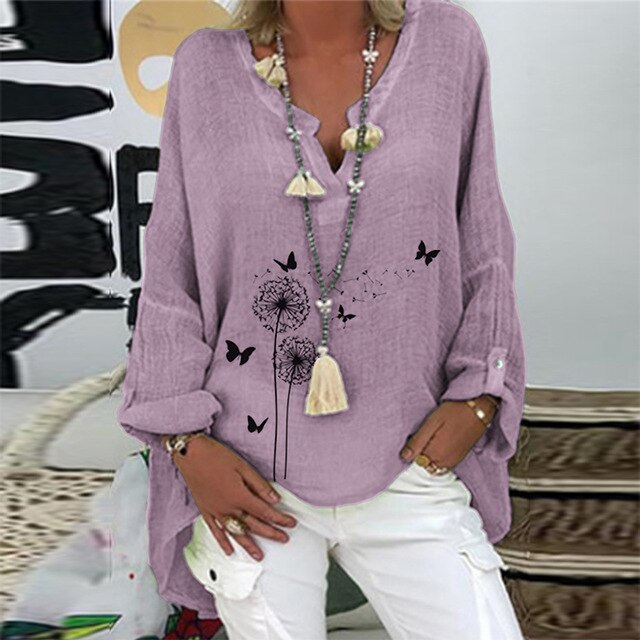 5XL Casual Women V Neck Linen Cotton Blouse Shirt Elegant Daisy Print Female Tops Spring Autumn Long Sleeve Loose Blusa Pullover