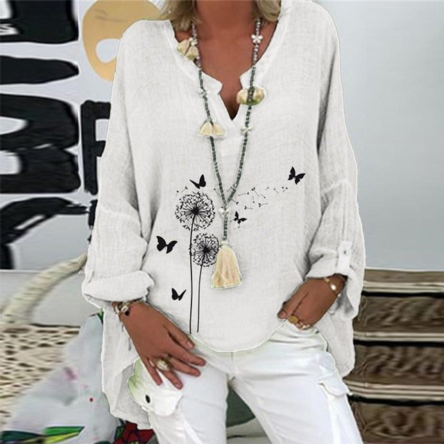 5XL Casual Women V Neck Linen Cotton Blouse Shirt Elegant Daisy Print Female Tops Spring Autumn Long Sleeve Loose Blusa Pullover