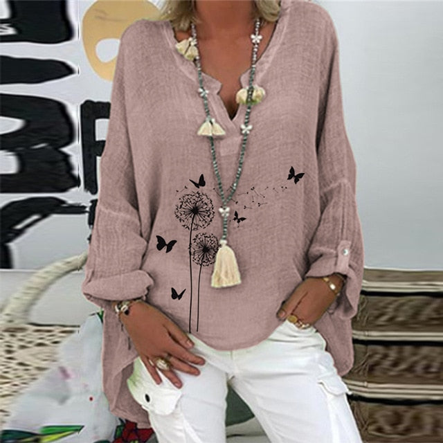 5XL Casual Women V Neck Linen Cotton Blouse Shirt Elegant Daisy Print Female Tops Spring Autumn Long Sleeve Loose Blusa Pullover
