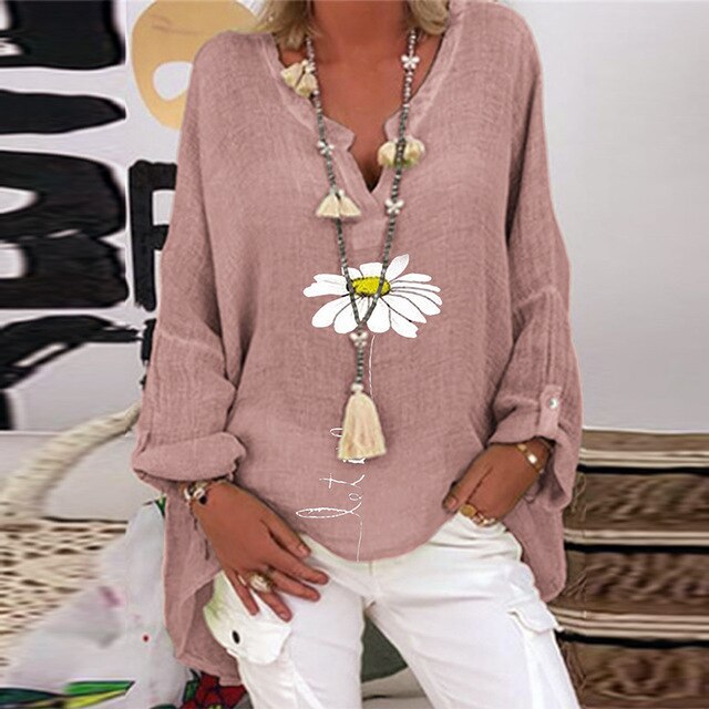 5XL Casual Women V Neck Linen Cotton Blouse Shirt Elegant Daisy Print Female Tops Spring Autumn Long Sleeve Loose Blusa Pullover