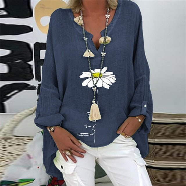 5XL Casual Women V Neck Linen Cotton Blouse Shirt Elegant Daisy Print Female Tops Spring Autumn Long Sleeve Loose Blusa Pullover