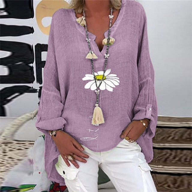 5XL Casual Women V Neck Linen Cotton Blouse Shirt Elegant Daisy Print Female Tops Spring Autumn Long Sleeve Loose Blusa Pullover