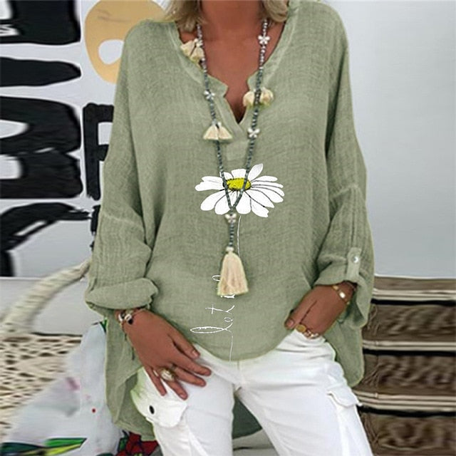 5XL Casual Women V Neck Linen Cotton Blouse Shirt Elegant Daisy Print Female Tops Spring Autumn Long Sleeve Loose Blusa Pullover