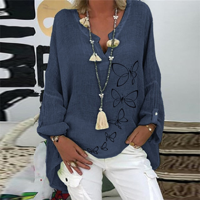 5XL Casual Women V Neck Linen Cotton Blouse Shirt Elegant Daisy Print Female Tops Spring Autumn Long Sleeve Loose Blusa Pullover