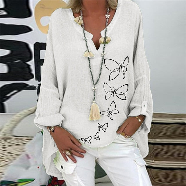 5XL Casual Women V Neck Linen Cotton Blouse Shirt Elegant Daisy Print Female Tops Spring Autumn Long Sleeve Loose Blusa Pullover