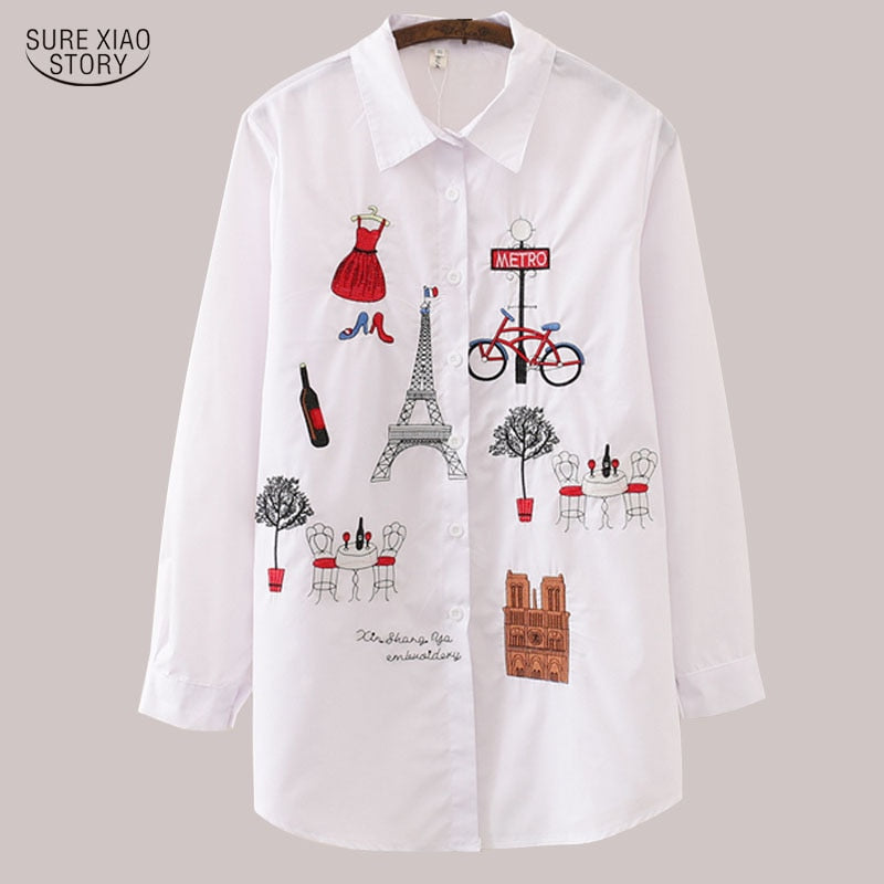 New White Women Blouse 19 Long Sleeve Cotton Embroidery Blouse Lady Casual Button Design Turn Down Collar Female Shirt 5083 50
