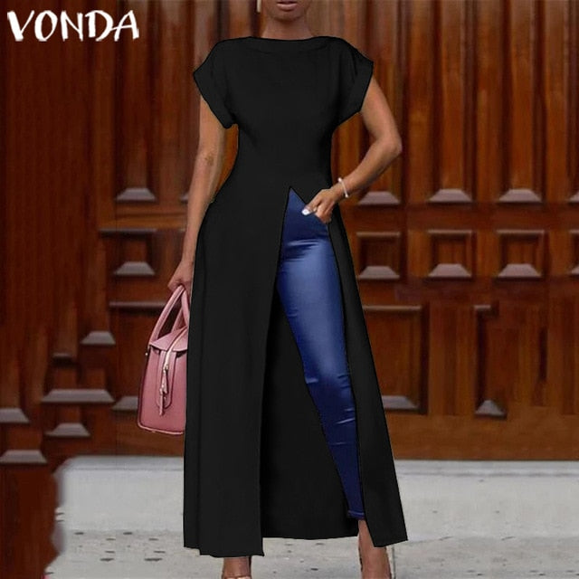 Leopard Blouse Women Tunic VONDA 2020 Summer Tops Vintage Long Shirts Office Holiday Split Hem Party Tops Plus Size Blusa