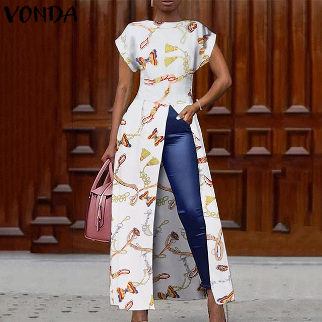 Leopard Blouse Women Tunic VONDA 2020 Summer Tops Vintage Long Shirts Office Holiday Split Hem Party Tops Plus Size Blusa