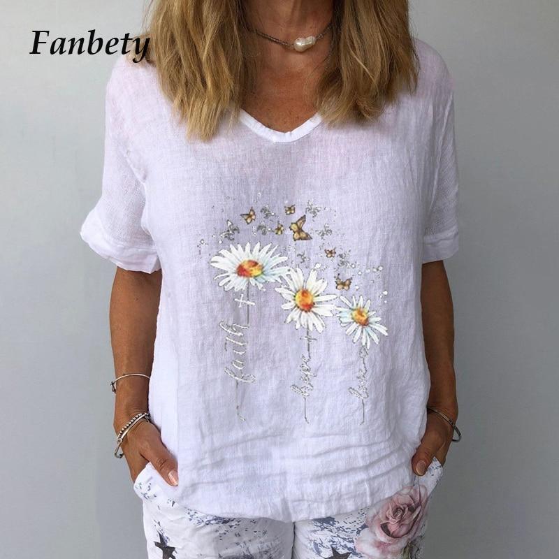 2020 Women Summer V Neck Short Sleeve Blouse Elegant Floral Print Linen Cotton Shirt New Casual Female Plus Size Tops Blusa 3XL