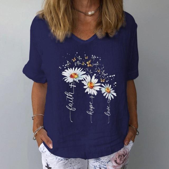 2020 Women Summer V Neck Short Sleeve Blouse Elegant Floral Print Linen Cotton Shirt New Casual Female Plus Size Tops Blusa 3XL