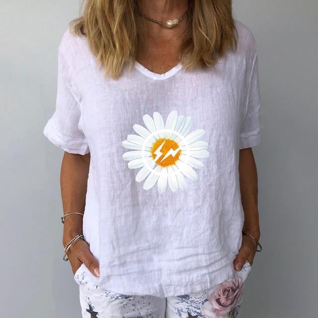 2020 Women Summer V Neck Short Sleeve Blouse Elegant Floral Print Linen Cotton Shirt New Casual Female Plus Size Tops Blusa 3XL