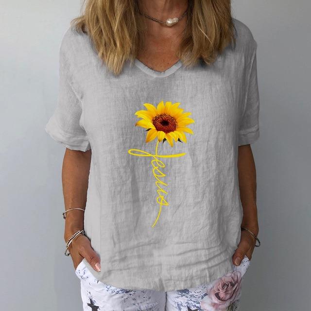 2020 Women Summer V Neck Short Sleeve Blouse Elegant Floral Print Linen Cotton Shirt New Casual Female Plus Size Tops Blusa 3XL