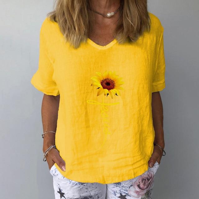 2020 Women Summer V Neck Short Sleeve Blouse Elegant Floral Print Linen Cotton Shirt New Casual Female Plus Size Tops Blusa 3XL
