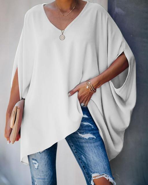 Fashion Women Summer Elegant V Neck Oversized Plus Size Top Lady Casual Solid Long Sleeve Loose Fit Blouse 2020 New