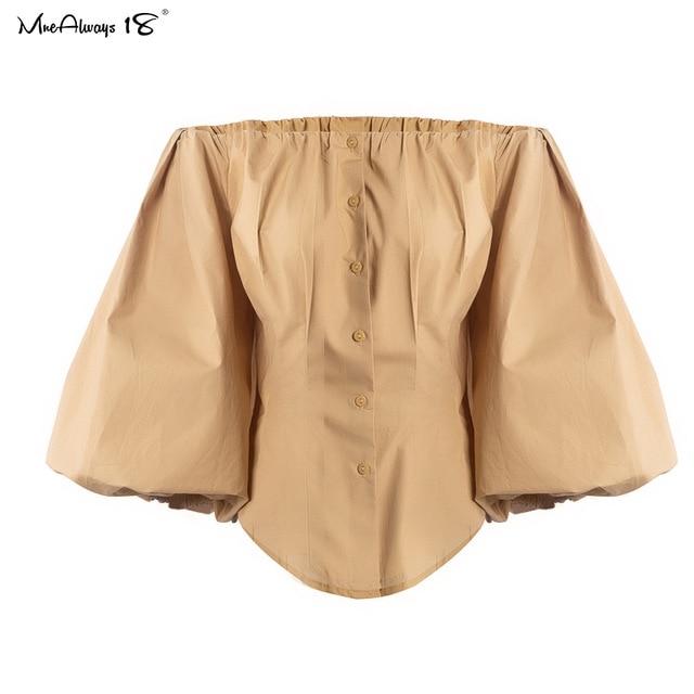 Mnealways18 Lantern Sleeve Elegant Khaki Blouse Women Sexy Party Off Shoulder Top Ladies White Black Shirt Cotton Bodycon Blouse
