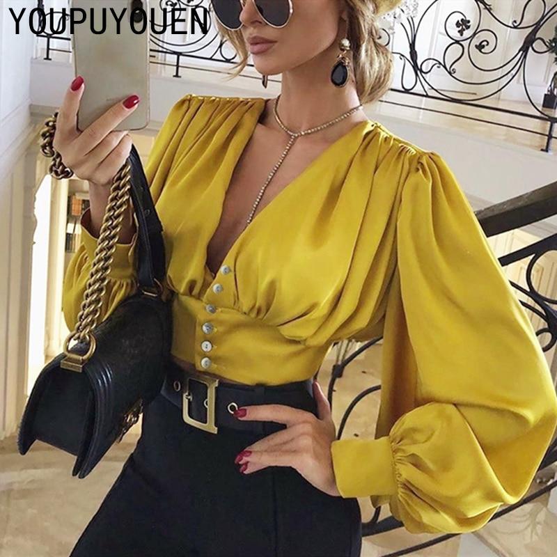 Women Lantern Long Sleeve Blouse Crop Top V-neck Casual Party Elegant Shirt Woman Fashion Clothes Summer Yellow Short Blouses