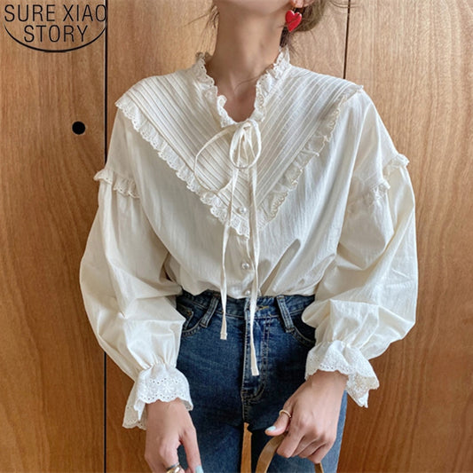 2020 New Women Hollow Out Vintage Casual Elegant Tops Women Shirts Solid Long Sleeve Korean Style Bow Loose Blouses Blusas 9580