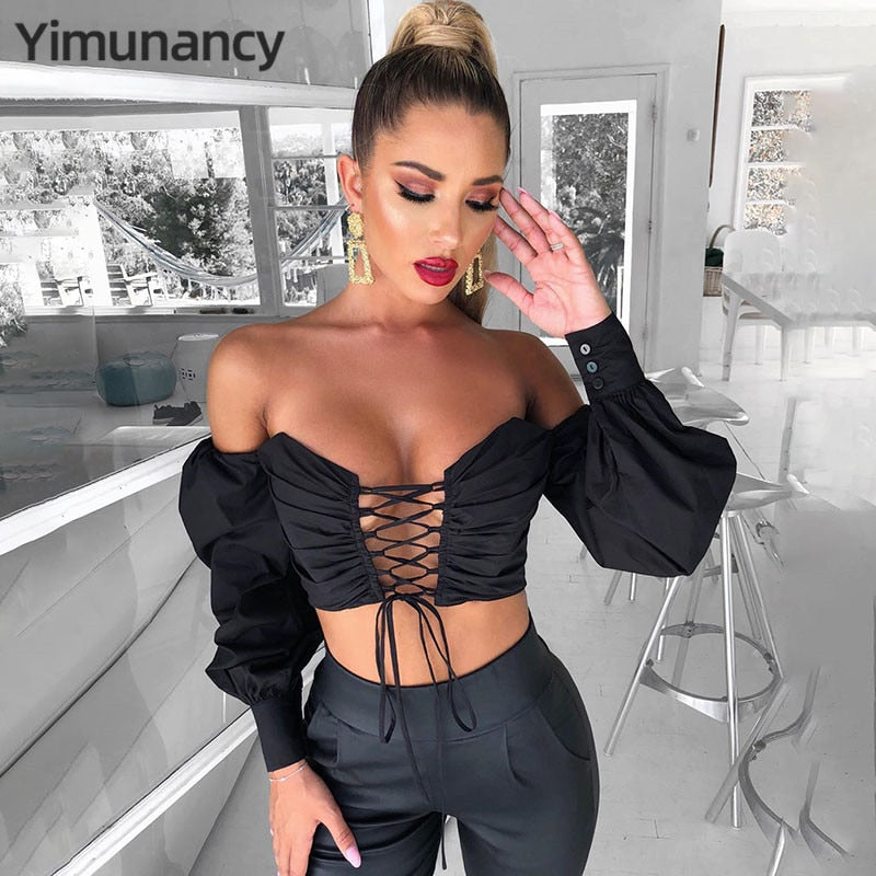 Yimunancy 2020 Autumn Long Sleeve Crop Top Women Fashion Lace Up Top Ladies Puff Sleeve White Blouse Blusas Streetwear