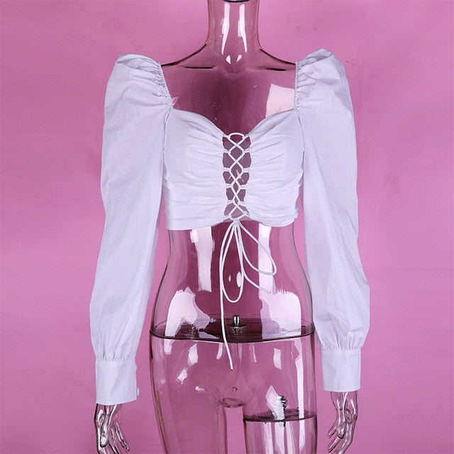 Yimunancy 2020 Autumn Long Sleeve Crop Top Women Fashion Lace Up Top Ladies Puff Sleeve White Blouse Blusas Streetwear