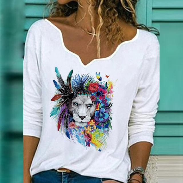 Autumn Women Elegant V-Neck Print Blouse Shirt 2020 New Casual Loose Long Sleeve Tops Ladies Plus Size Streetwear Pullover Blusa