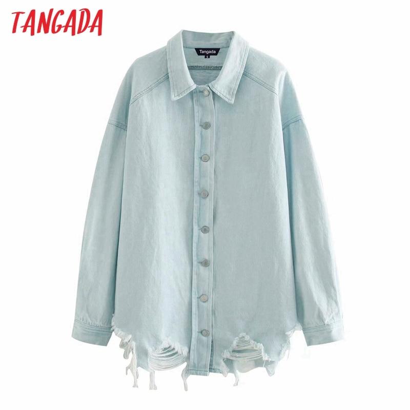 Tangada Women boyfriend denim jacket coats hole ripped 2020 autumn winter new female oversized long coat 4M212
