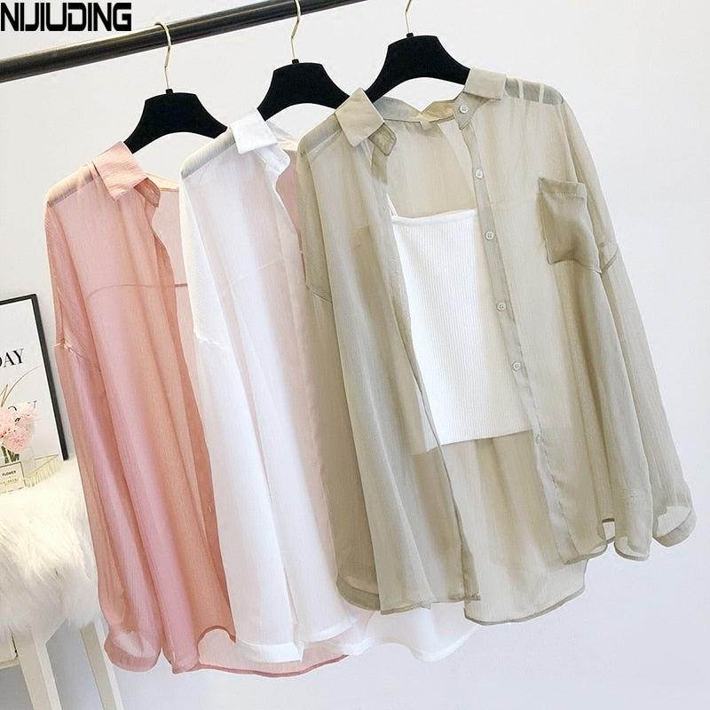 NIJIUDING Women Thin Coat Casual Summer Sun Protection Clothes Female Cardigan Shirt Clothing Tops Blouse For Woman Covers Blusa