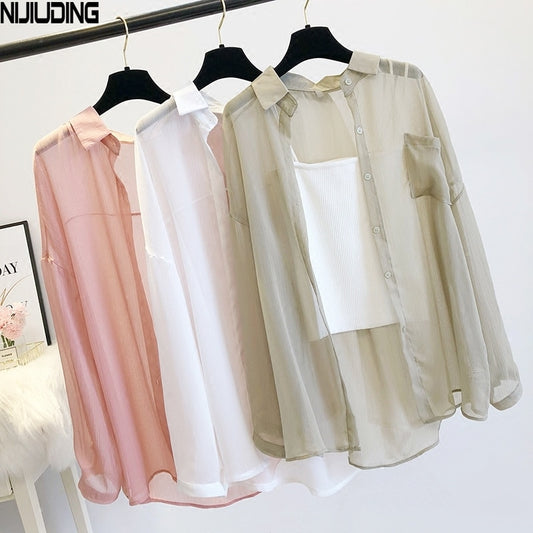 NIJIUDING Women Thin Coat Casual Summer Sun Protection Clothes Female Cardigan Shirt Clothing Tops Blouse For Woman Covers Blusa