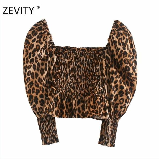 ZEVITY Women vintage leopard print short smock blouse ladies square collar elastic ruffles femininas shirt chic crop tops LS7047