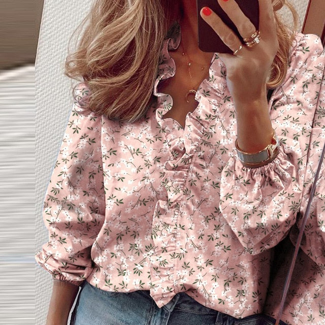 Lady Autumn Long Sleeve Polka Dot Ruffle Blouse Shirt Elegant Casual O Neck Buttons Pullover Women 2020 Spring streetwear Tops