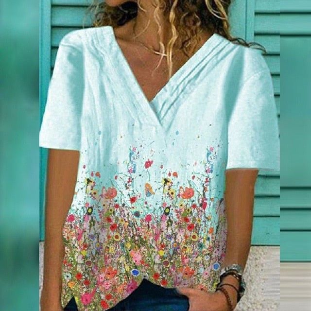 2020 Women Sexy V Neck Blouse Shirt Autumn Long Sleeve Tops Blusas Casual Floral Print Loose Shirt Pullover Streetwear Plus Size
