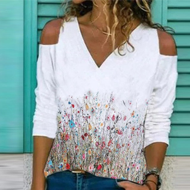 2020 Women Sexy V Neck Blouse Shirt Autumn Long Sleeve Tops Blusas Casual Floral Print Loose Shirt Pullover Streetwear Plus Size