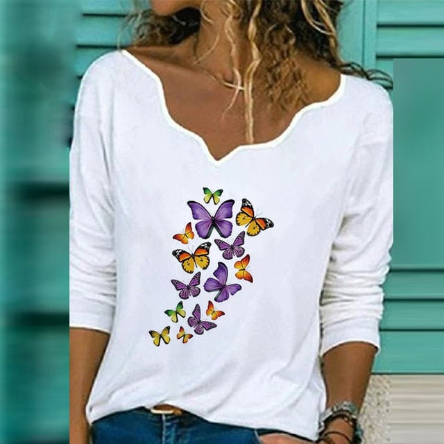 2020 Women Sexy V Neck Blouse Shirt Autumn Long Sleeve Tops Blusas Casual Floral Print Loose Shirt Pullover Streetwear Plus Size