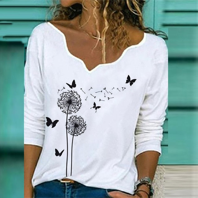 2020 Women Sexy V Neck Blouse Shirt Autumn Long Sleeve Tops Blusas Casual Floral Print Loose Shirt Pullover Streetwear Plus Size