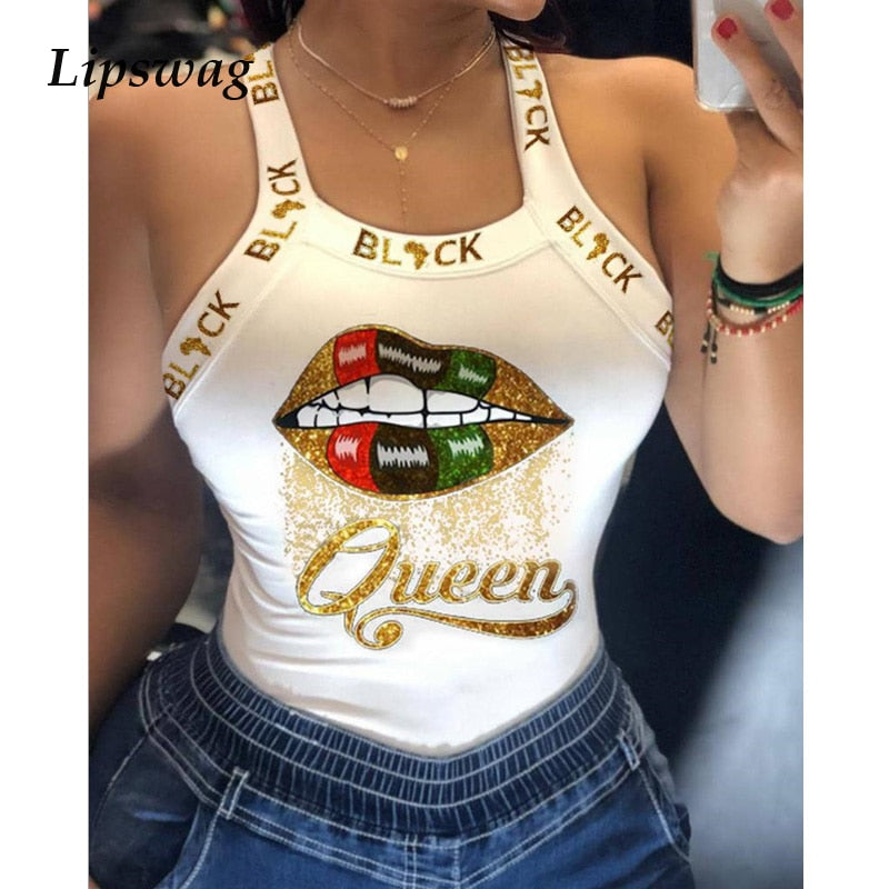 Summer Sexy Sleeveless Backless Blouse Shirts Women Casual Lips Butterfly Print Slim Tops Elegant Bowknot Female O Neck Blouses