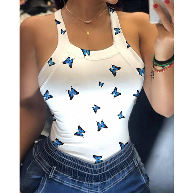 Summer Sexy Sleeveless Backless Blouse Shirts Women Casual Lips Butterfly Print Slim Tops Elegant Bowknot Female O Neck Blouses