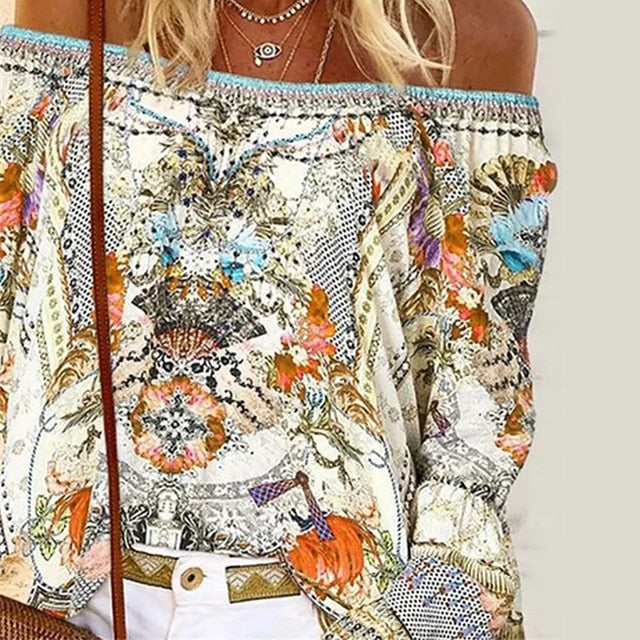 Summer Off Shoulder Floral Print Blouse Shirts Women Elegant Lace-up Hollow Out Top Vintage Flare Sleeve Ladies Office Blouses