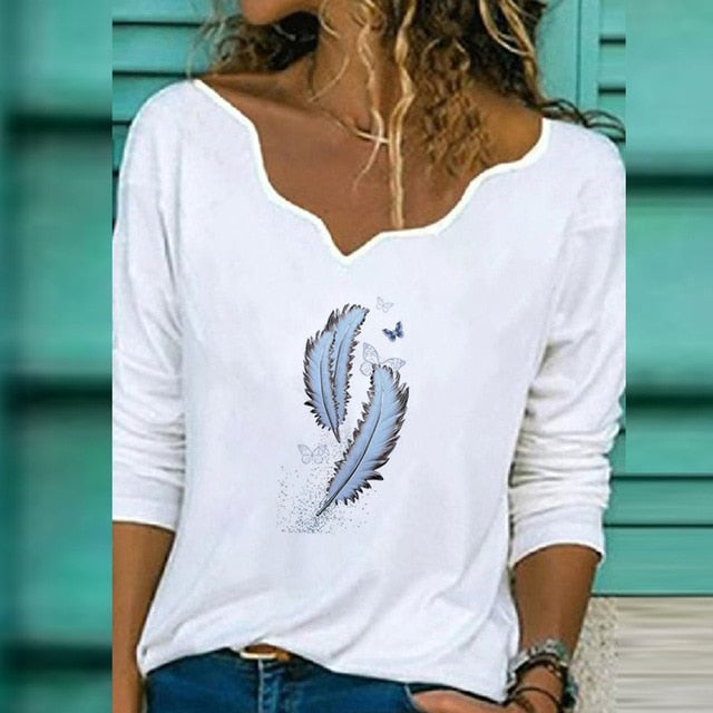 Autumn Women Elegant V-Neck Print Blouse Shirt 2020 New Casual Loose Long Sleeve Tops Ladies Plus Size Streetwear Pullover Blusa