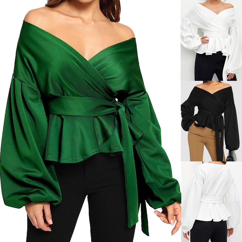 Women Long Sleeve Blouses Shirt Sexy Strapless Deep V-Neck Blouses Lantern Sleeve Bow Belt Bandage Tops Casual Tee blouse femme