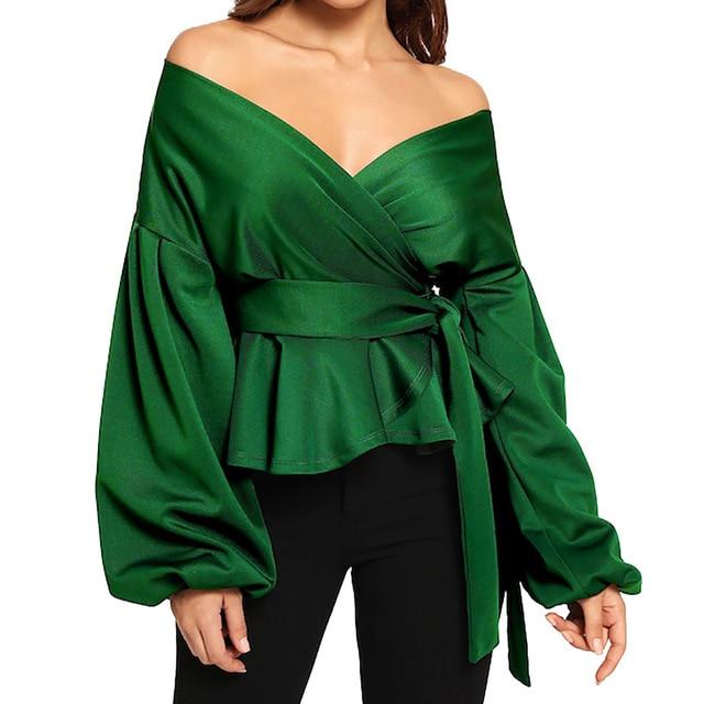 Women Long Sleeve Blouses Shirt Sexy Strapless Deep V-Neck Blouses Lantern Sleeve Bow Belt Bandage Tops Casual Tee blouse femme