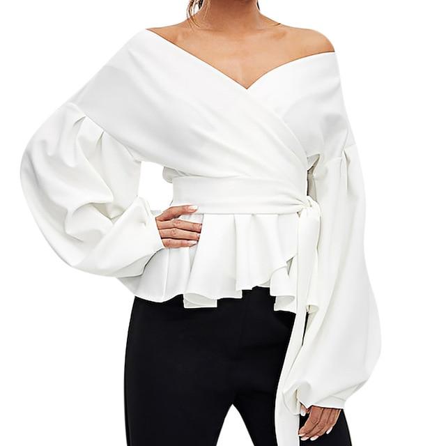 Women Long Sleeve Blouses Shirt Sexy Strapless Deep V-Neck Blouses Lantern Sleeve Bow Belt Bandage Tops Casual Tee blouse femme