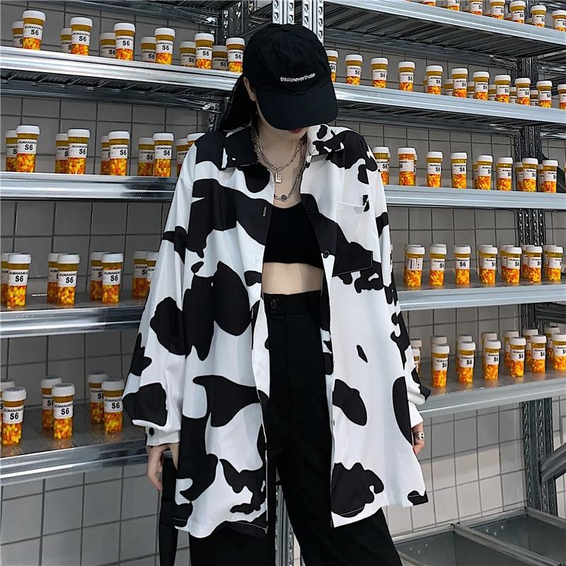Deeptown Cow Print Women Blouses Korean Style Fashion Autumn 2020 Button Up Shirt Loose Long Sleeve Women Shirt Leisure Tops